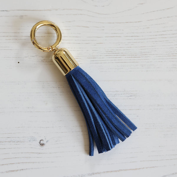 brilliant-hippie Triple Leather Keychain Tassels Gold Blue